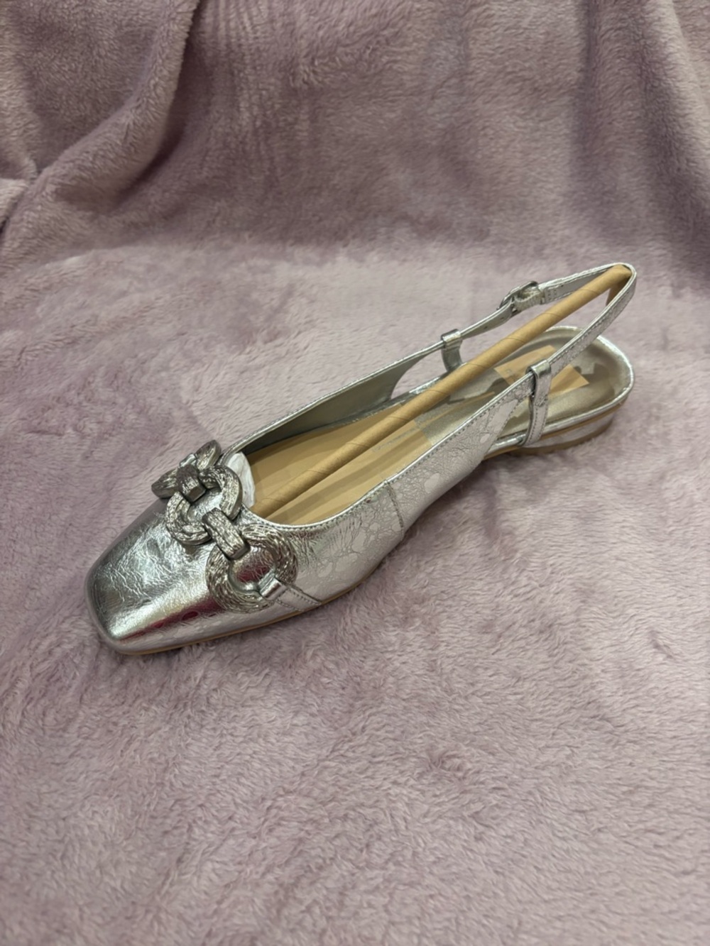 DOLCE VITA Metallic Silver Slingback Flat with Chain Detail - Picture 3 of 7